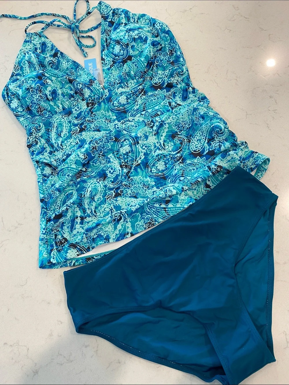 Yonique Two-Piece Halter Tankini and Briefs in Teal Paisley
